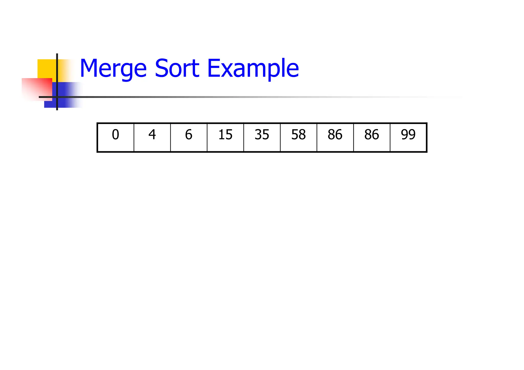 Merge Sort Example
99
86
86
58
35
15
6
4
0
 