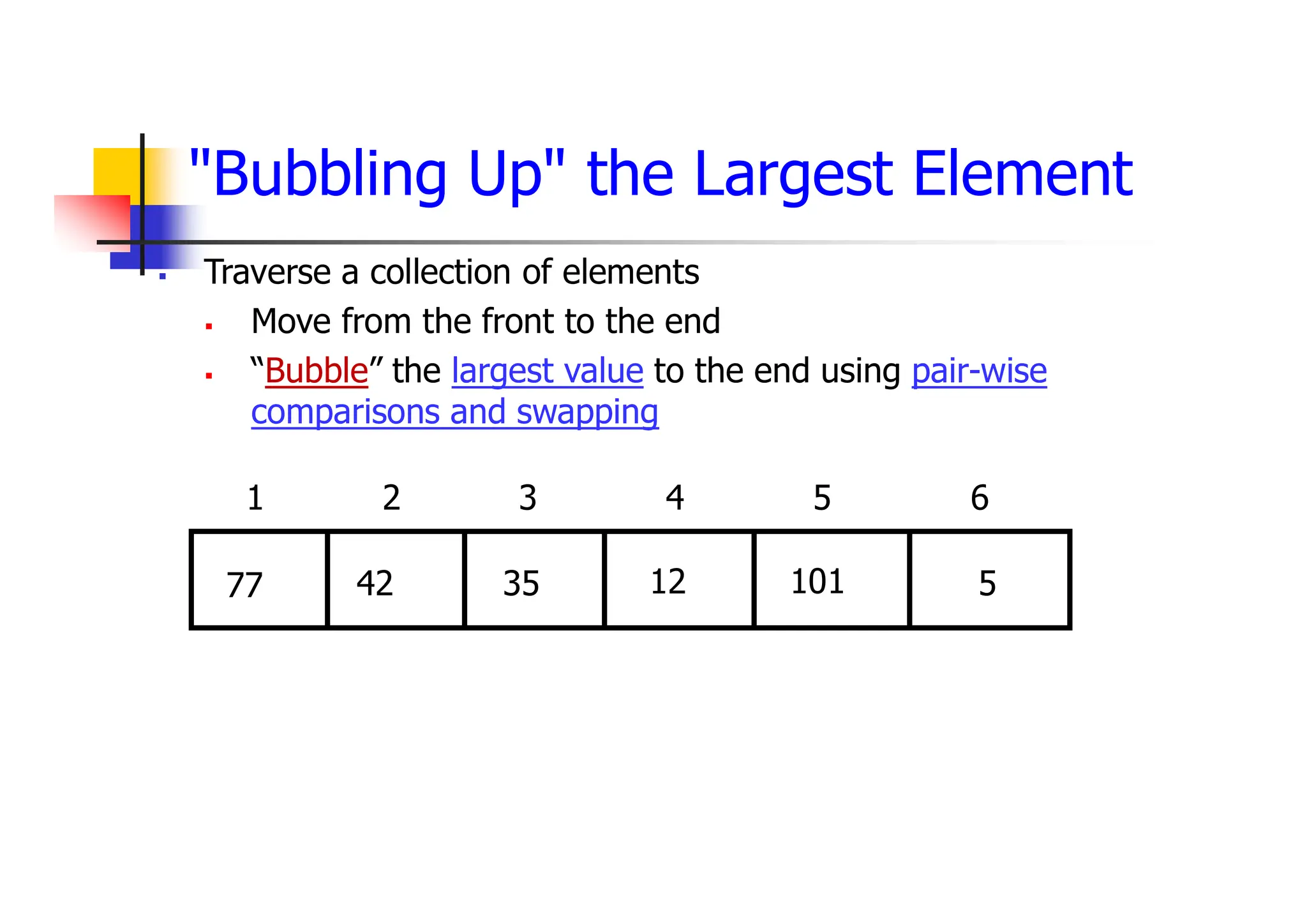 "Bubbling Up" the Largest Element
 Traverse a collection of elements
 Move from the front to the end
 “Bubble” the largest value to the end using pair-wise
comparisons and swapping
5
12
35
42
77 101
1 2 3 4 5 6
 