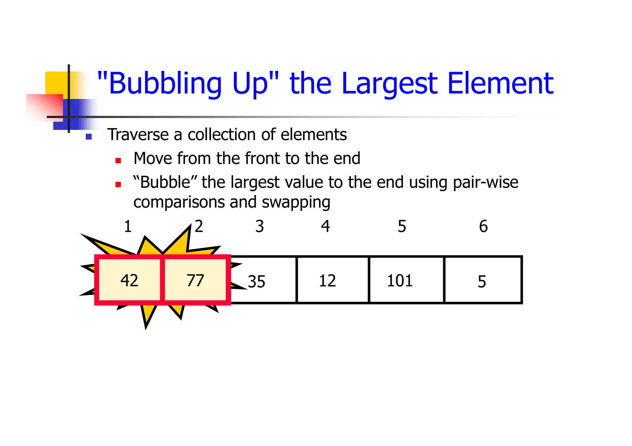 "Bubbling Up" the Largest Element
 Traverse a collection of elements
 Move from the front to the end
 “Bubble” the largest value to the end using pair-wise
comparisons and swapping
5
12
35
42
77 101
1 2 3 4 5 6
Swap
42 77
 