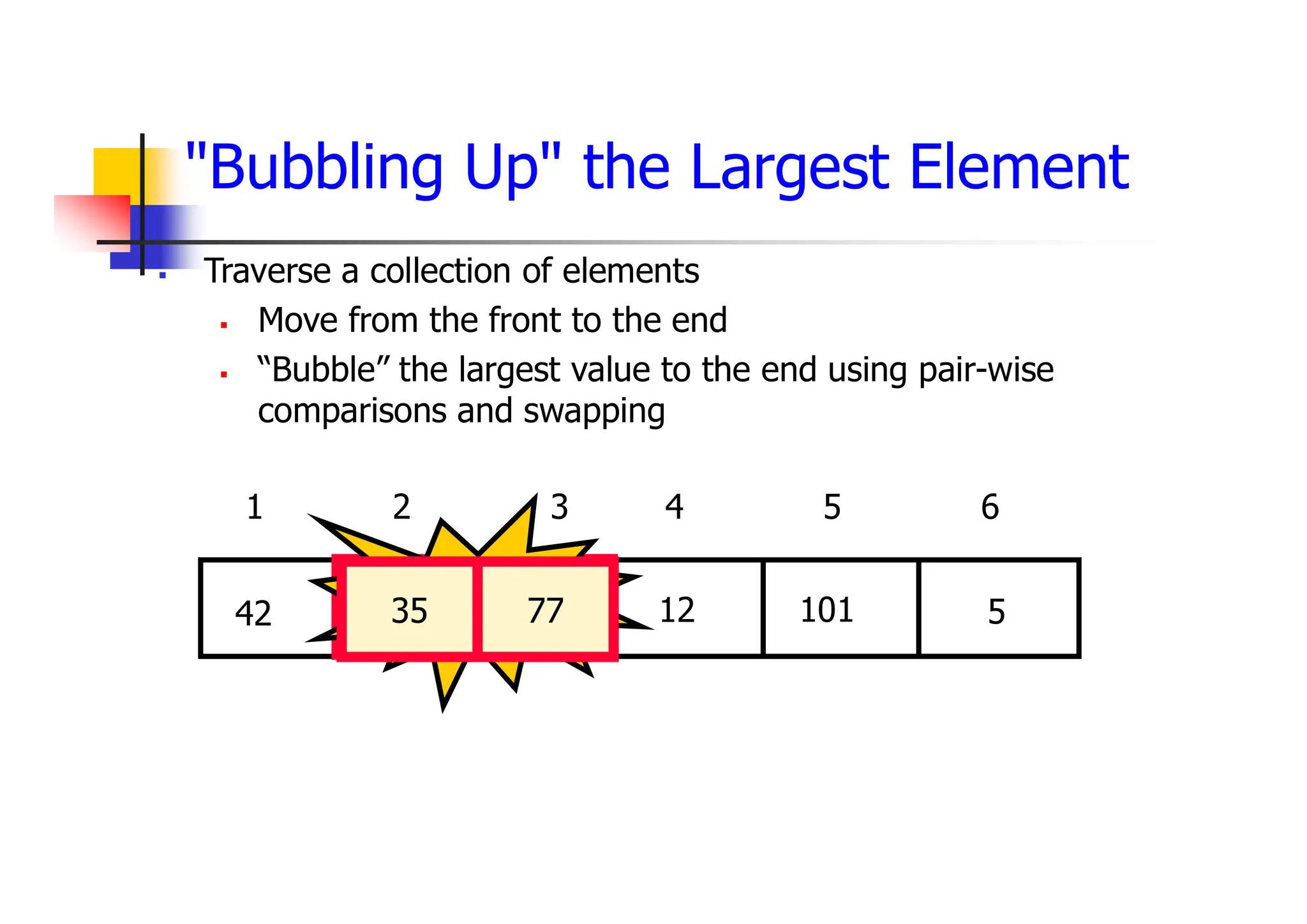 "Bubbling Up" the Largest Element
 Traverse a collection of elements
 Move from the front to the end
 “Bubble” the largest value to the end using pair-wise
comparisons and swapping
5
12
35
77
42 101
1 2 3 4 5 6
Swap
35 77
 