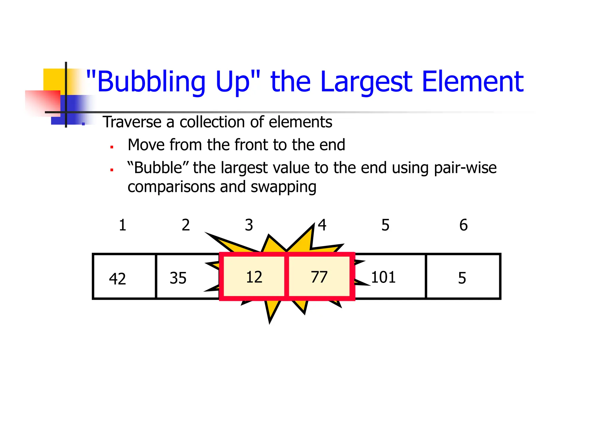 "Bubbling Up" the Largest Element
 Traverse a collection of elements
 Move from the front to the end
 “Bubble” the largest value to the end using pair-wise
comparisons and swapping
5
12
77
35
42 101
1 2 3 4 5 6
Swap
12 77
 