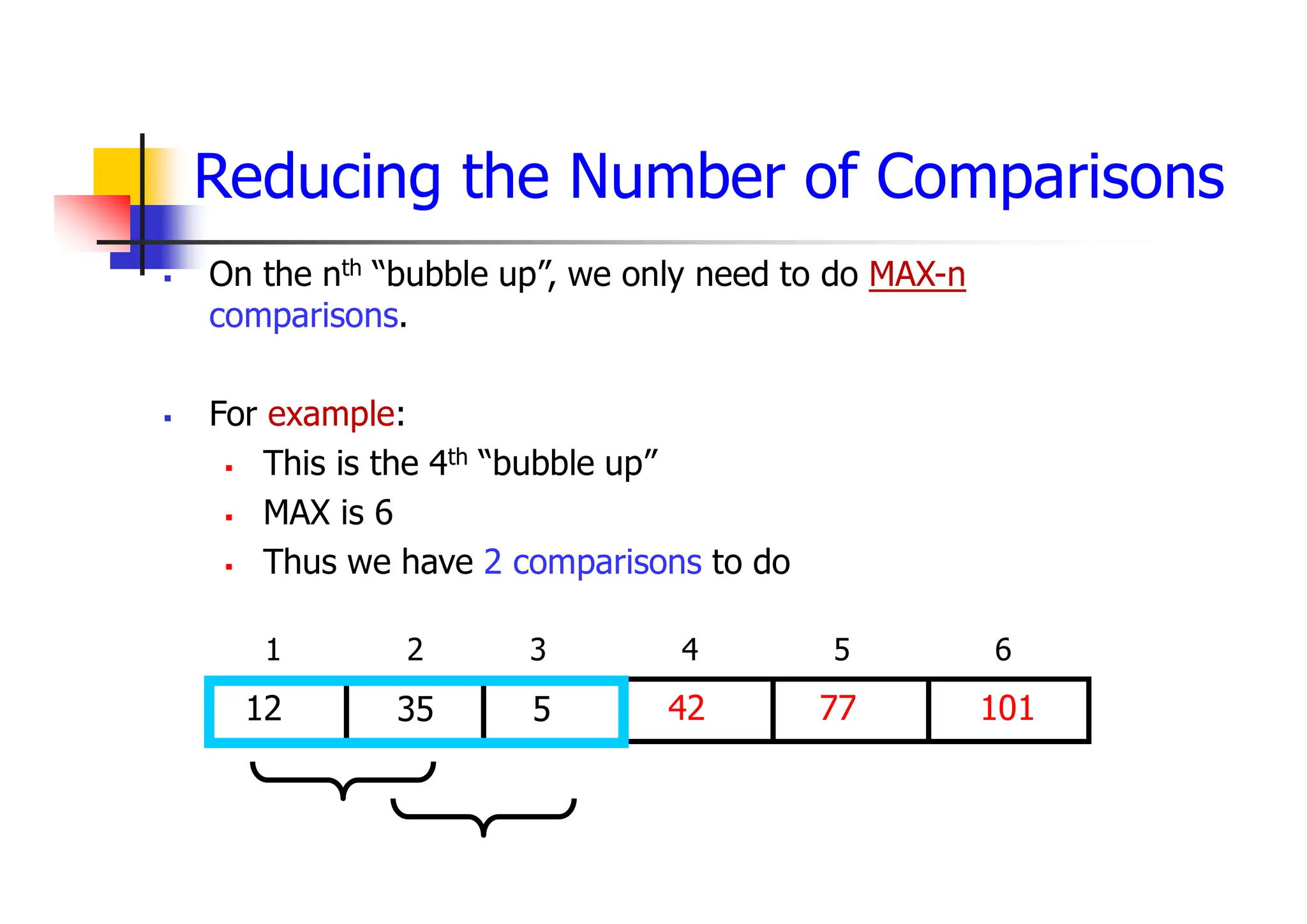  On the nth “bubble up”, we only need to do MAX-n
comparisons.
 For example:
 This is the 4th “bubble up”
 MAX is 6
 Thus we have 2 comparisons to do
42
5
35
12 77
1 2 3 4 5 6
101
Reducing the Number of Comparisons
 