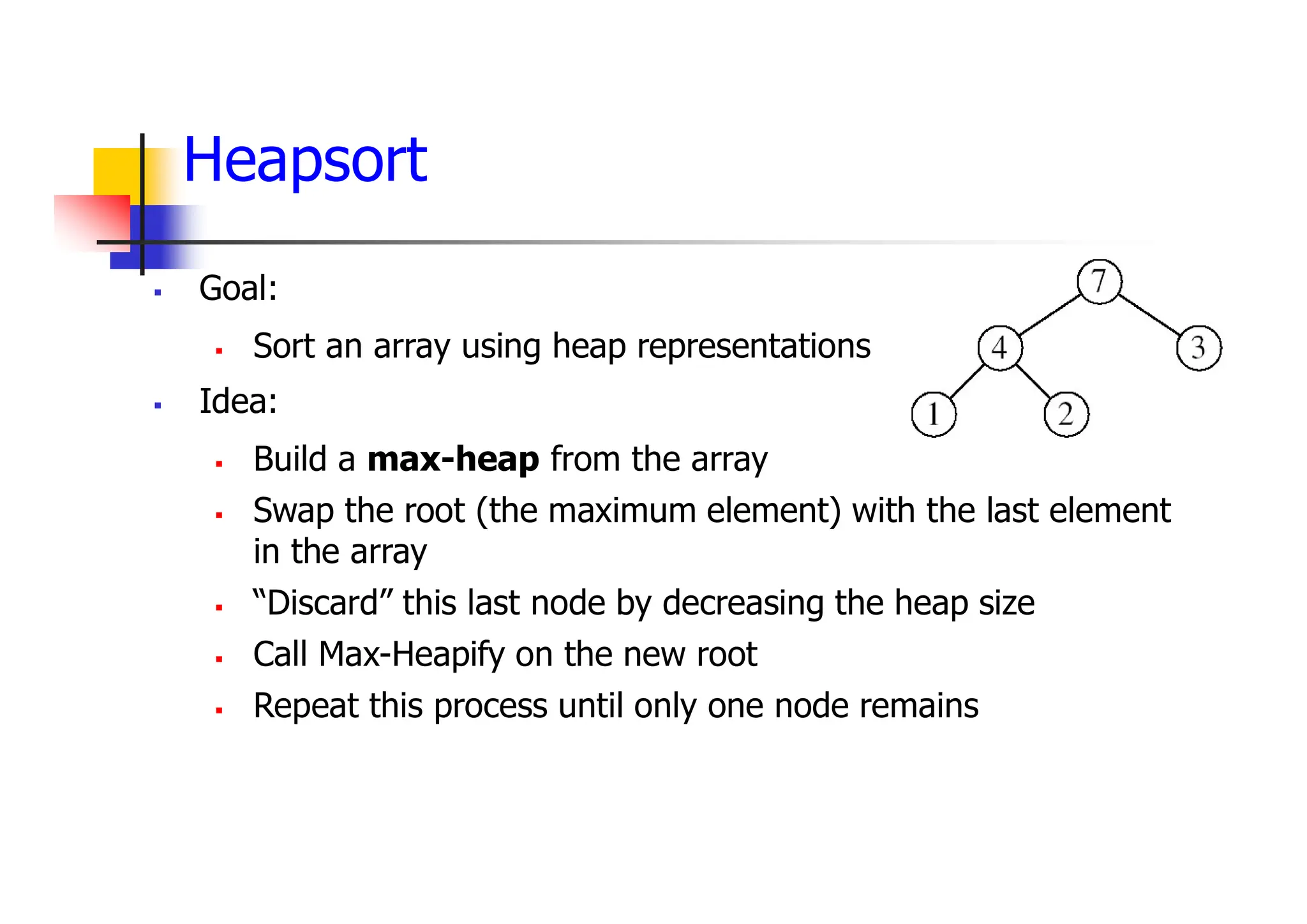 Heapsort
 Goal:
 Sort an array using heap representations
 Idea:
 Build a max-heap from the array
 Swap the root (the maximum element) with the last element
in the array
 “Discard” this last node by decreasing the heap size
 Call Max-Heapify on the new root
 Repeat this process until only one node remains
 