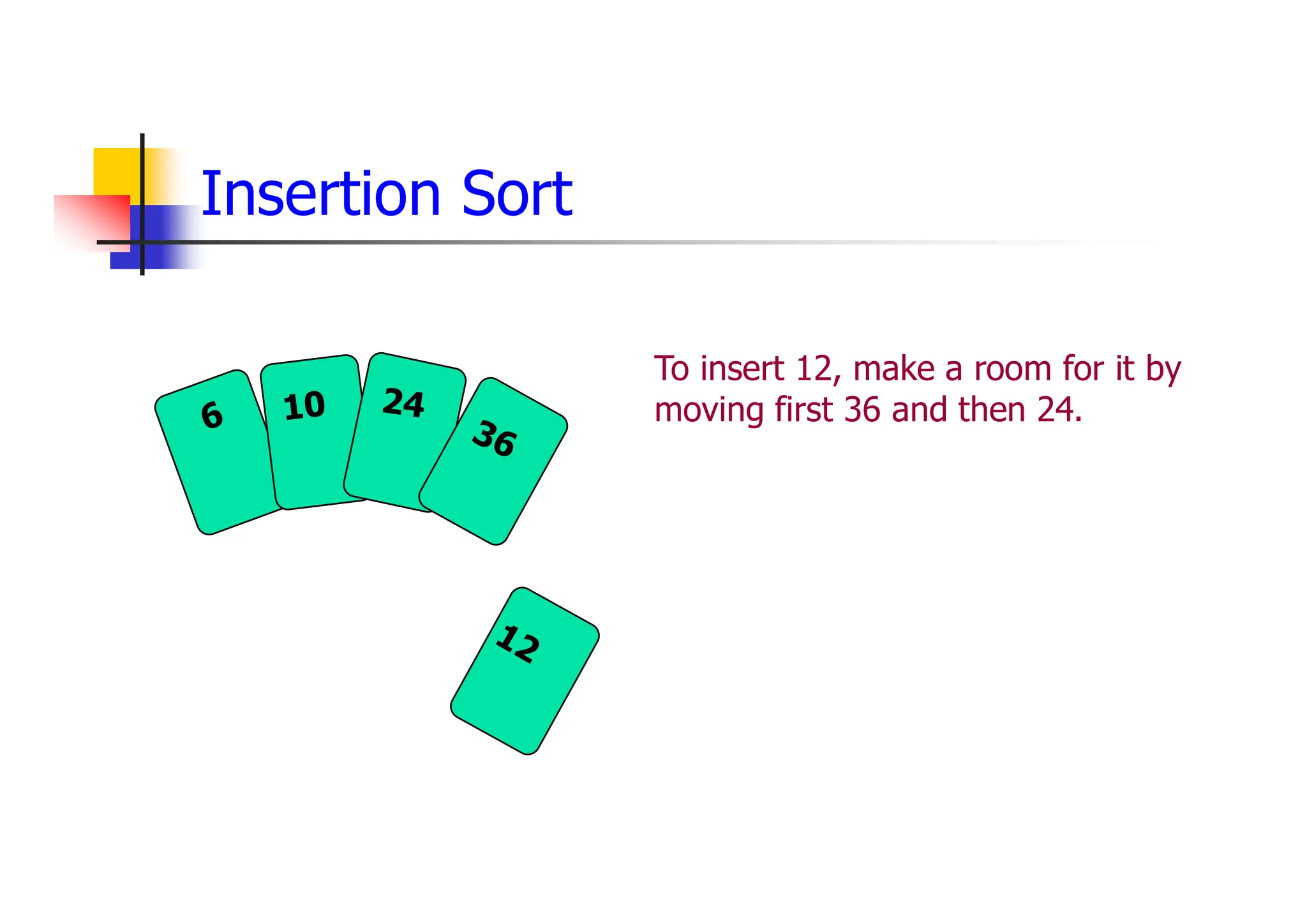 To insert 12, make a room for it by
moving first 36 and then 24.
Insertion Sort
 