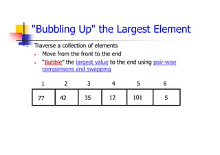 "Bubbling Up" the Largest Element
 Traverse a collection of elements
 Move from the front to the end
 “Bubble” the largest value to the end using pair-wise
comparisons and swapping
5
12
35
42
77 101
1 2 3 4 5 6
 