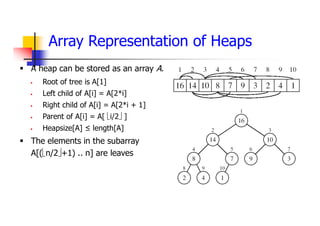 Array Representation of Heaps
 A heap can be stored as an array A.
 Root of tree is A[1]
 Left child of A[i] = A[2*i]
 Right child of A[i] = A[2*i + 1]
 Parent of A[i] = A[ i/2 ]
 Heapsize[A] ≤ length[A]
 The elements in the subarray
A[(n/2+1) .. n] are leaves
 