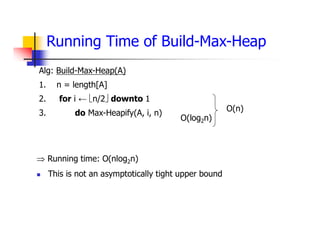 Running Time of Build-Max-Heap
 Running time: O(nlog2n)
 This is not an asymptotically tight upper bound
Alg: Build-Max-Heap(A)
1. n = length[A]
2. for i ← n/2 downto 1
3. do Max-Heapify(A, i, n)
O(log2n)
O(n)
 