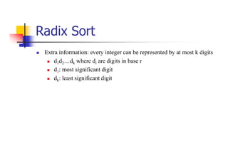 Radix Sort
 Extra information: every integer can be represented by at most k digits
 d1d2…dk where di are digits in base r
 d1: most significant digit
 dk: least significant digit
 