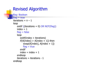 flag: Boolean
flag = true
iterations = n – 1
loop
exitif ((iterations = 0) OR NOT(flag))
index = 1
flag = false
loop
exitif(index > iterations)
if(A[index] > A[index + 1]) then
swap(A[index], A[index + 1])
flag = true
endif
index = index + 1
endloop
iterations = iterations - 1
endloop
Revised Algorithm
 