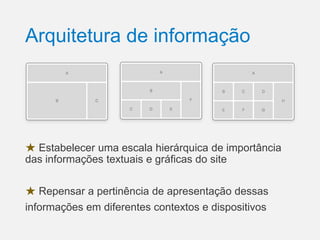 Arquitetura de informação

★ Estabelecer uma escala hierárquica de importância
das informações textuais e gráficas do site
★ Repensar a pertinência de apresentação dessas
informações em diferentes contextos e dispositivos

 