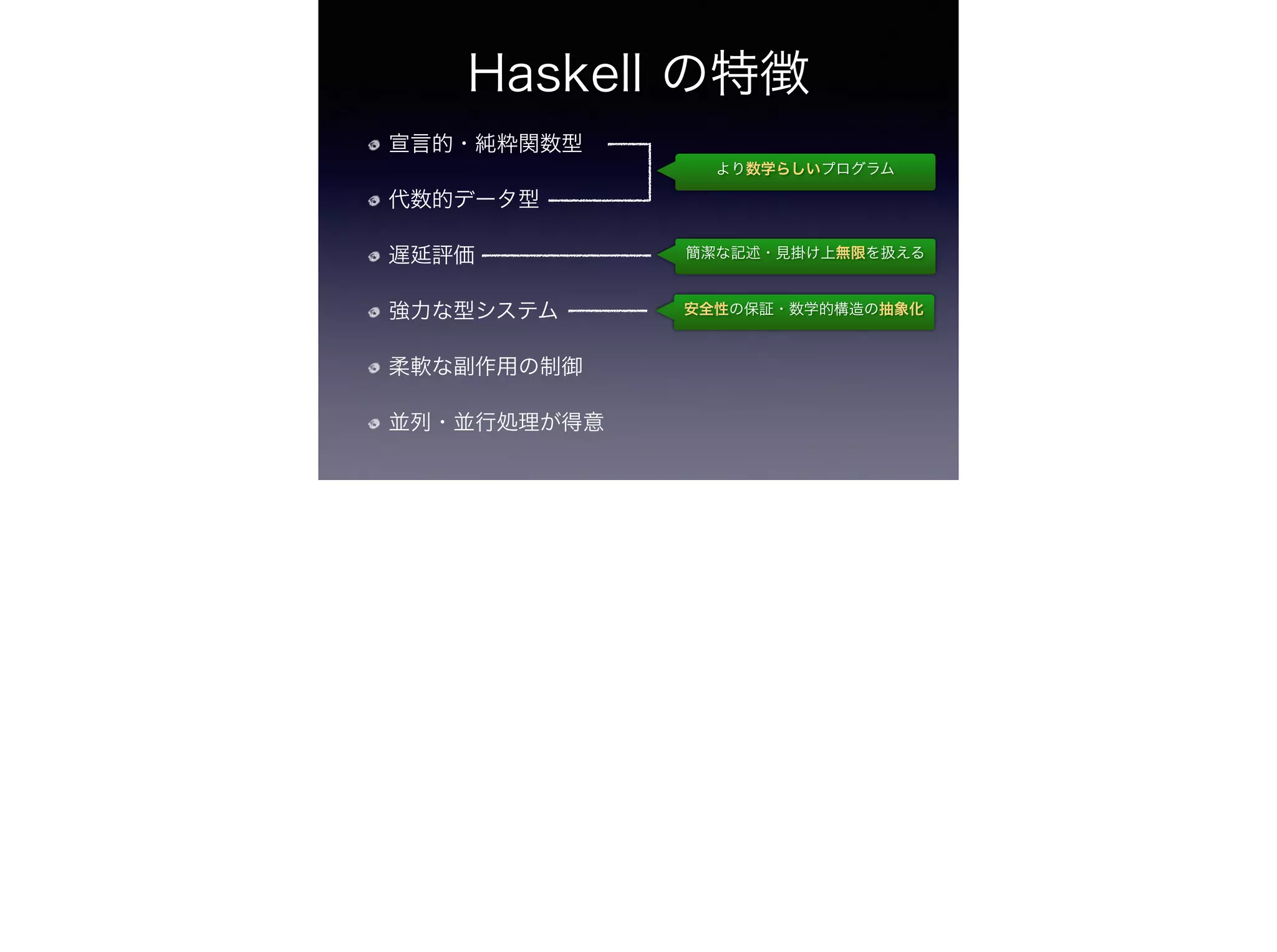 Haskell の特徴
宣言的・純粋関数型
代数的データ型
遅延評価
強力な型システム
柔軟な副作用の制御
並列・並行処理が得意
より数学らしいプログラム
簡潔な記述・見掛け上無限を扱える
安全性の保証・数学的構造の抽象化
 