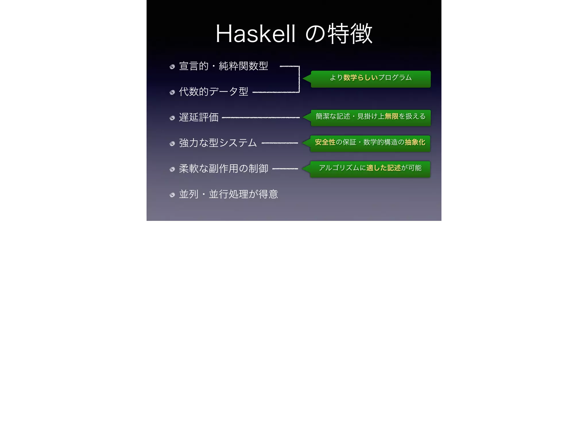 Haskell の特徴
宣言的・純粋関数型
代数的データ型
遅延評価
強力な型システム
柔軟な副作用の制御
並列・並行処理が得意
より数学らしいプログラム
簡潔な記述・見掛け上無限を扱える
安全性の保証・数学的構造の抽象化
アルゴリズムに適した記述が可能
 