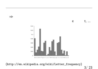 方針：頻度攻撃
自然言語の文書には「文字頻度の偏り」がある
⇒ 頻度攻撃：暗号文中の文字を数えて対応関係を探す
（例：一番多い文字は e，次は t, ...）
(http://en.wikipedia.org/wiki/Letter_frequency)
3/ 23
 