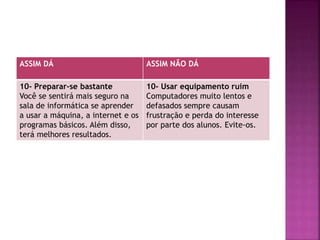 ASSIM DÁ ASSIM NÃO DÁ
10- Preparar-se bastante
Você se sentirá mais seguro na
sala de informática se aprender
a usar a máquina, a internet e os
programas básicos. Além disso,
terá melhores resultados.
10- Usar equipamento ruim
Computadores muito lentos e
defasados sempre causam
frustração e perda do interesse
por parte dos alunos. Evite-os.
 