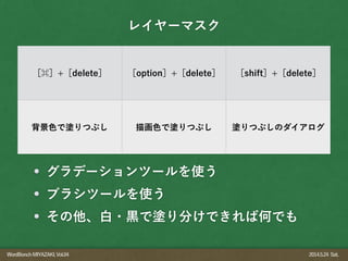 WordBonchMIYAZAKI,Vol.04 2014.5.24 Sat.
レイヤーマスク
グラデーションツールを使う
ブラシツールを使う
その他、白・黒で塗り分けできれば何でも
［ ］+［delete］ ［option］+［delete］ ［shift］+［delete］
背景色で塗りつぶし 描画色で塗りつぶし 塗りつぶしのダイアログ
 