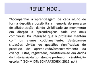 REFLETINDO...
“Acompanhar a aprendizagem de cada aluno de
forma descritiva possibilita a memória do processo
de alfabetização, dando visibilidade ao movimento
em direção a aprendizagens cada vez mais
complexas. Da interação que o professor mantém
com os alunos cotidianamente, destacam-se
situações vividas ou questões significativas do
processo de aprendizado/desenvolvimento da
criança. Estas, registradas, constituem-se em dados
da história vivida por aluno e professor na instituição
escolar.” (SCHMIDTI; SCHAFASCHEK, 2012, p.4)
 