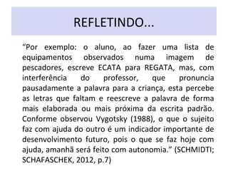 REFLETINDO...
“Por exemplo: o aluno, ao fazer uma lista de
equipamentos observados numa imagem de
pescadores, escreve ECATA para REGATA, mas, com
interferência do professor, que pronuncia
pausadamente a palavra para a criança, esta percebe
as letras que faltam e reescreve a palavra de forma
mais elaborada ou mais próxima da escrita padrão.
Conforme observou Vygotsky (1988), o que o sujeito
faz com ajuda do outro é um indicador importante de
desenvolvimento futuro, pois o que se faz hoje com
ajuda, amanhã será feito com autonomia.” (SCHMIDTI;
SCHAFASCHEK, 2012, p.7)
 