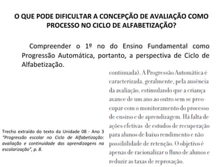 O QUE PODE DIFICULTAR A CONCEPÇÃO DE AVALIAÇÃO COMO
PROCESSO NO CICLO DE ALFABETIZAÇÃO?
Compreender o 1º no do Ensino Fundamental como
Progressão Automática, portanto, a perspectiva de Ciclo de
Alfabetização.
Trecho extraído do texto da Unidade 08 - Ano 3
“Progressão escolar no Ciclo de Alfabetização:
avaliação e continuidade das aprendizagens na
escolarização”, p. 8.
 