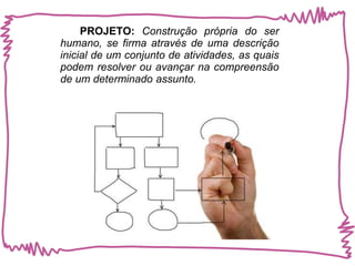 PROJETO: Construção própria do ser 
humano, se firma através de uma descrição 
inicial de um conjunto de atividades, as quais 
podem resolver ou avançar na compreensão 
de um determinado assunto. 
 