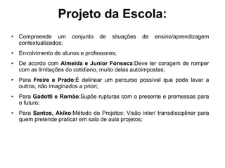 Projeto da Escola: 
• Compreende um conjunto de situações de ensino/aprendizagem 
contextualizados; 
• Envolvimento de alunos e professores; 
• De acordo com Almeida e Junior Fonseca:Deve ter coragem de romper 
com as limitações do cotidiano, muito delas autoimpostas; 
• Para Freire e Prado:É delinear um percurso possível que pode levar a 
outros, não imaginados a priori; 
• Para Gadotti e Romão:Supõe rupturas com o presente e promessas para 
o futuro; 
• Para Santos, Akiko:Método de Projetos: Visão inter/ transdisciplinar para 
quem pretende praticar em sala de aula projetos; 
 