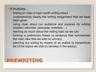 It involves… 
◦ finding an idea or topic worth writing about 
◦ understanding clearly the writing assignment that we have 
been given 
◦ being clear about our audience and purpose for writing 
(explain, describe, persuade, entertain…) 
◦ learning as much about the writing topic as we can 
◦ forming a preliminary thesis (a sentence that summarizes 
the main idea that we wish to convey) 
◦ planning our writing by means of an outline (a hierarchical 
list of the topics we wish to develop in the essay). 
PPRREEWWRRIITTIINNGG 
 