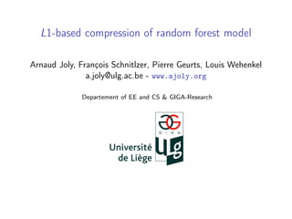 L1-based compression of random forest model 
Arnaud Joly, François Schnitlzer, Pierre Geurts, Louis Wehenkel 
a.joly@ulg.ac.be - www.ajoly.org 
Departement of EE and CS & GIGA-Research 
 