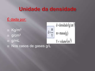 É dada por: 
 Kg/m3 
 g/cm3 
 g/mL 
 Nos casos de gases g/L 
 