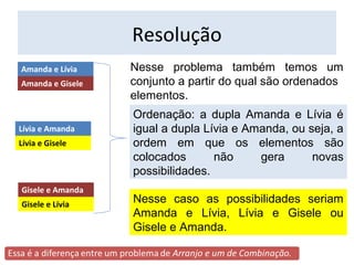 Resolução 
Amanda e Lívia 
Amanda e Gisele 
Lívia e Amanda 
Lívia e Gisele 
Gisele e Amanda 
Gisele e Lívia 
Nesse problema também temos um 
conjunto a partir do qual são ordenados 
elementos. 
Ordenação: a dupla Amanda e Lívia é 
igual a dupla Lívia e Amanda, ou seja, a 
ordem em que os elementos são 
colocados não gera novas 
possibilidades. 
Nesse caso as possibilidades seriam 
Amanda e Lívia, Lívia e Gisele ou 
Gisele e Amanda. 
 