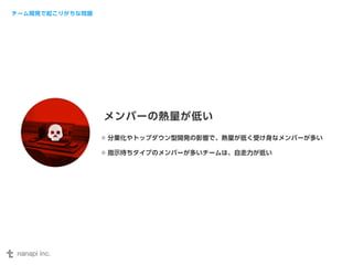 チーム開発で起こりがちな問題 
メンバーの熱量が低い 
分業化やトップダウン型開発の影響で、熱量が低く受け身なメンバーが多い 
指示待ちタイプのメンバーが多いチームは、自走力が低い 
 