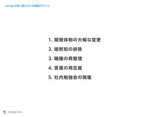 nanapiで取り組んでいる組織デザイン 
1. 開発体制の大幅な変更 
2. 暗黙知の排除 
3. 職種の再整理 
4. 言葉の再定義 
5. 社内勉強会の開催 
 