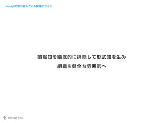 暗黙知を徹底的に排除して形式知を生み 
組織を健全な雰囲気へ 
nanapiで取り組んでいる組織デザイン 
 