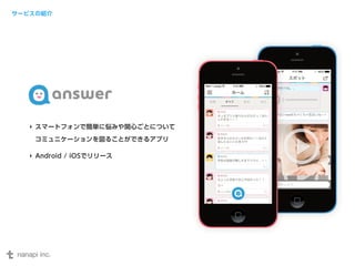 サービスの紹介 
‣ スマートフォンで簡単に悩みや関心ごとについて 
コミュニケーションを図ることができるアプリ 
‣ Android / iOSでリリース 
 