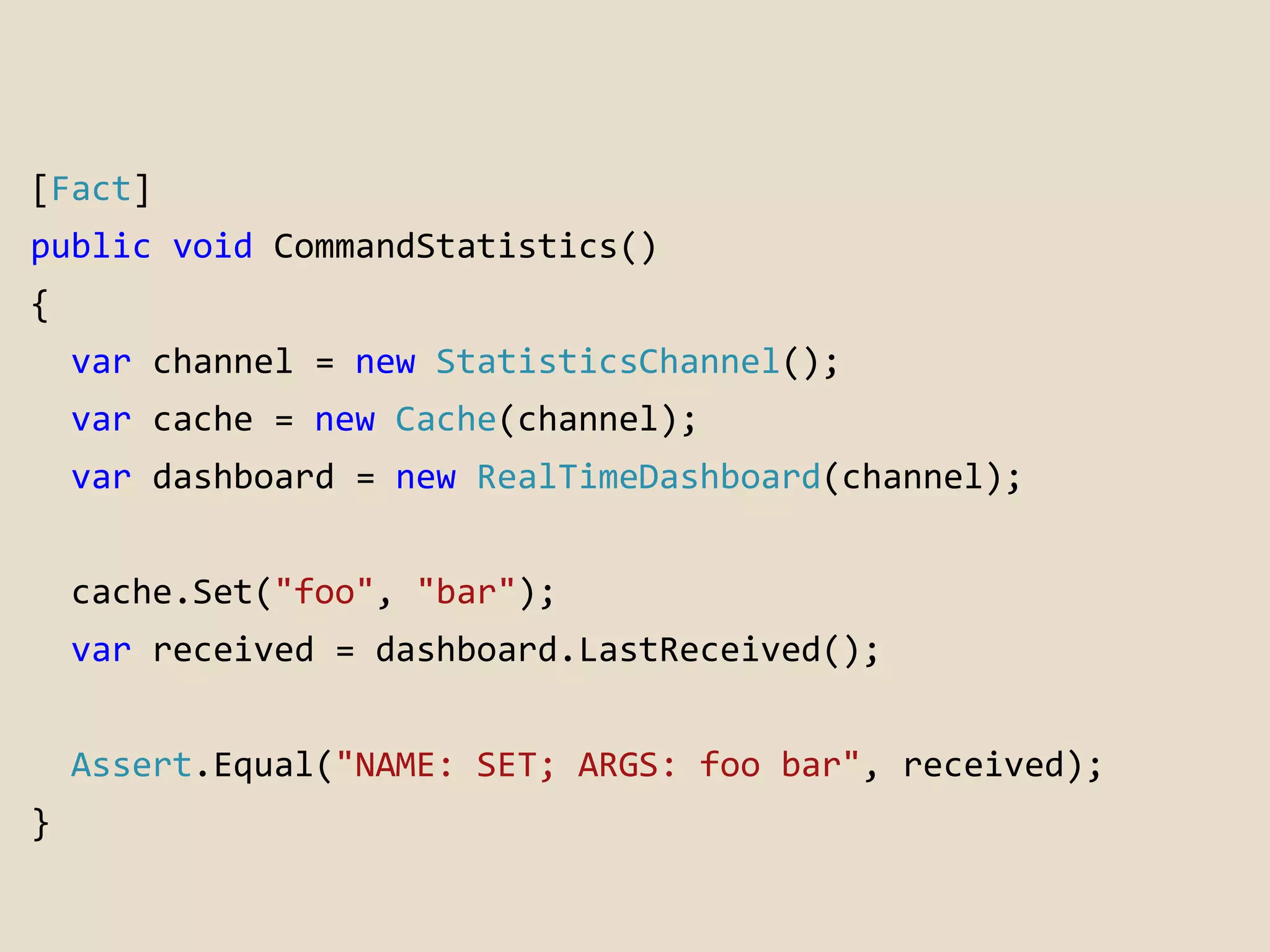 [Fact] 
public void CommandStatistics() 
{ 
var channel = new StatisticsChannel(); 
var cache = new Cache(channel); 
var dashboard = new RealTimeDashboard(channel); 
cache.Set("foo", "bar"); 
var received = dashboard.LastReceived(); 
Assert.Equal("NAME: SET; ARGS: foo bar", received); 
} 
 