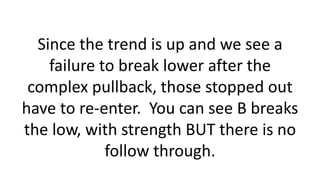 Since the trend is up and we see a failure to break lower after the complex pullback, those stopped out have to re-enter. You can see B breaks the low, with strength BUT there is no follow through.  
