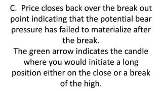 C. Price closes back over the break out point indicating that the potential bear pressure has failed to materialize after the break. The green arrow indicates the candle where you would initiate a long position either on the close or a break of the high.  