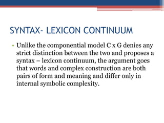 SYNTAX- LEXICON CONTINUUM
• Unlike the componential model C x G denies any
strict distinction between the two and proposes a
syntax – lexicon continuum, the argument goes
that words and complex construction are both
pairs of form and meaning and differ only in
internal symbolic complexity.
 
