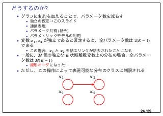 どうするのか?
• グラフに制約を加えることで、パラメータ数を減らす
• 独立の仮定→このスライド
• 連鎖表現
• パラメータ共有 (結合)
• パラメトリックモデルの利用
• 変数 x1, x2 が独立であると仮定すると、全パラメータ数は 2(K − 1)
である
• この場合、x1 と x2 を結ぶリンクが除去されたことになる
• 一般に、M 個の独立な K 状態離散変数上の分布の場合、全パラメー
タ数は M(K − 1)
• 線形オーダになった!
• ただし、この操作によって表現可能な分布のクラスは制限される
x1 x2
x1 x2
24 / 59
 