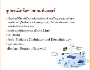 อุปกรณ์เครือข่ายคอมพิวเตอร์
 คืออุปกรณ์ที่ใช้สาหรับในการเชื่อมต่อกับคอมพิวเตอร์ ในรูปแบบของเครือข่าย
คอมพิวเตอร์ (Network Computer) ก็ช่วยส่งเสริมการทางานของ
คอมพิวเตอร์ด้วยเช่นกัน เช่น
 สายรับ และส่งสัญญาณข้อมูล (Data Line)
 ฮับ (Hub)
 โมเด็ม (Modem : Modulator and Demodulator)
 อุปกรณ์จัดเส้นทาง
(Bridge , Router , Gateway)
 