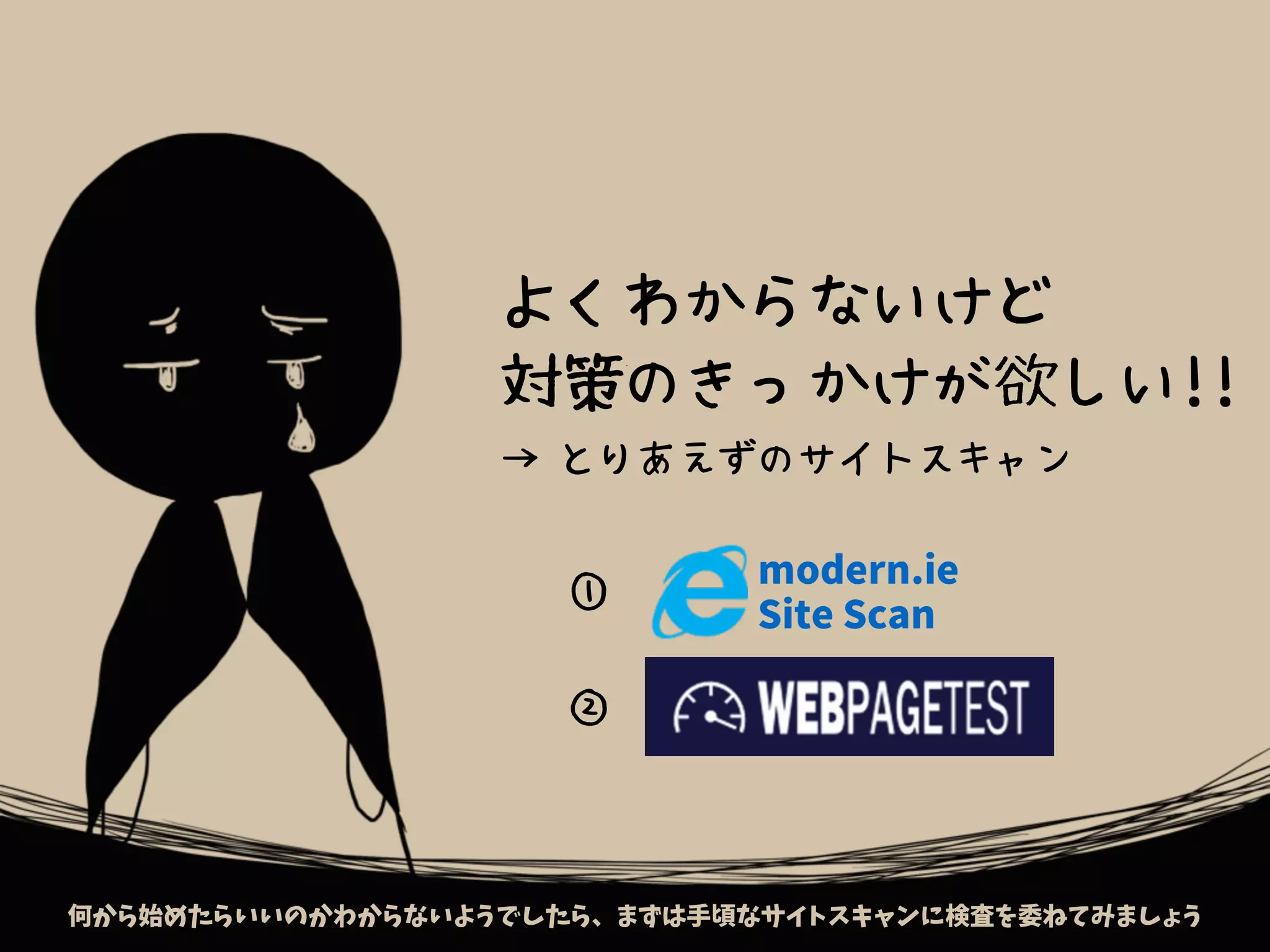 よくわからないけど
対策のきっかけが欲しい!!
何から始めたらいいのかわからないようでしたら、まずは手頃なサイトスキャンに検査を委ねてみましょう
→ とりあえずのサイトスキャン
modern.ie
Site Scan
①
②
 