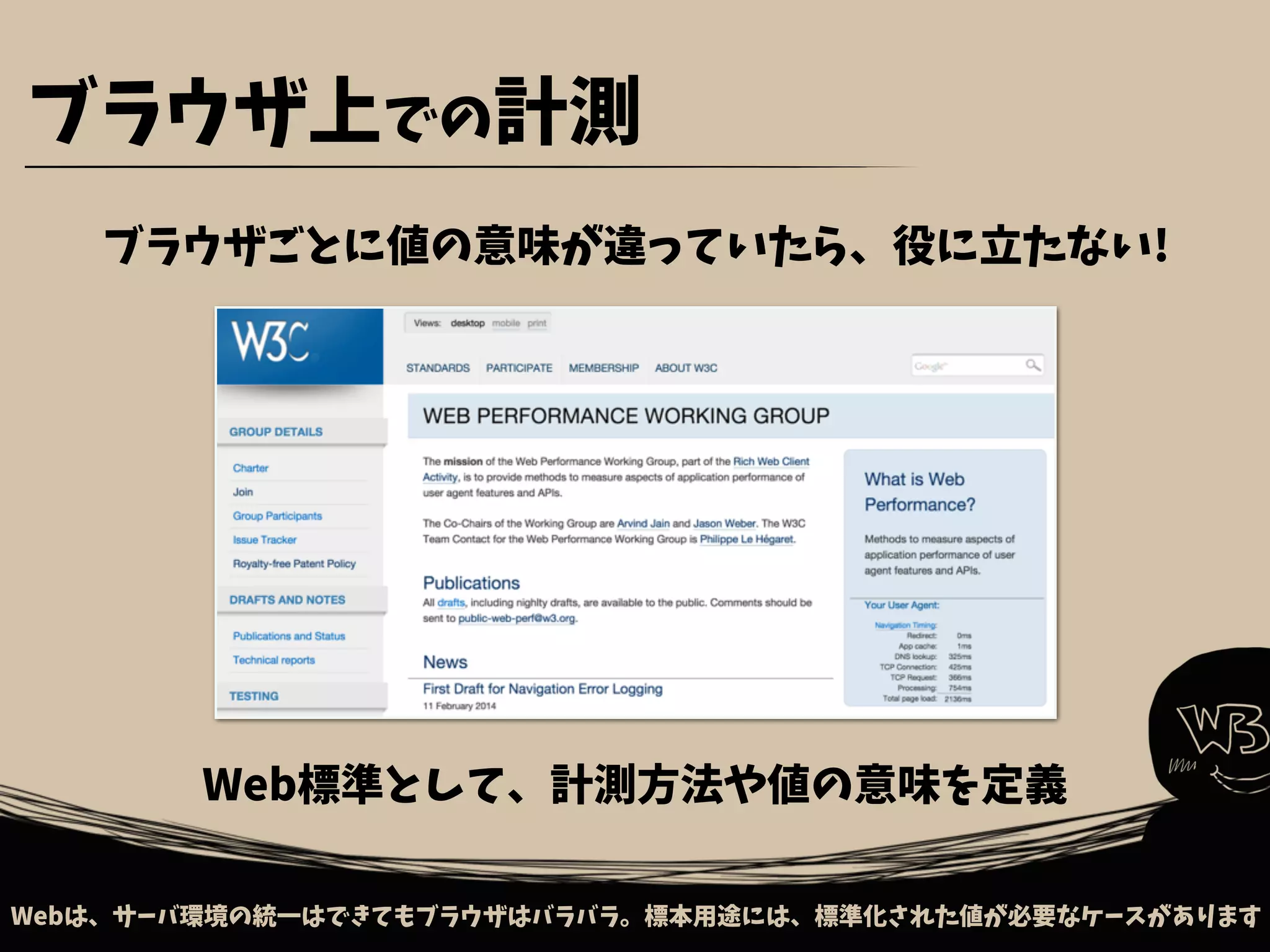 ブラウザごとに値の意味が違っていたら、役に立たない!
ブラウザ上での計測
Webは、サーバ環境の統一はできてもブラウザはバラバラ。標本用途には、標準化された値が必要なケースがあります
Web標準として、計測方法や値の意味を定義
 