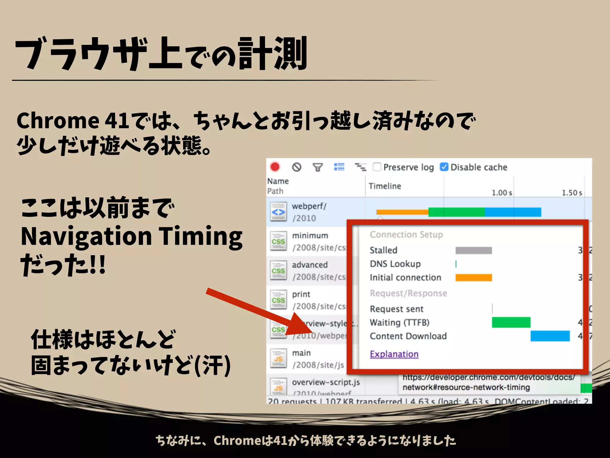 ここは以前まで
Navigation Timing
だった!!
ブラウザ上での計測
Chrome 41では、ちゃんとお引っ越し済みなので
少しだけ遊べる状態。
ちなみに、Chromeは41から体験できるようになりました
仕様はほとんど
固まってないけど(汗)
 