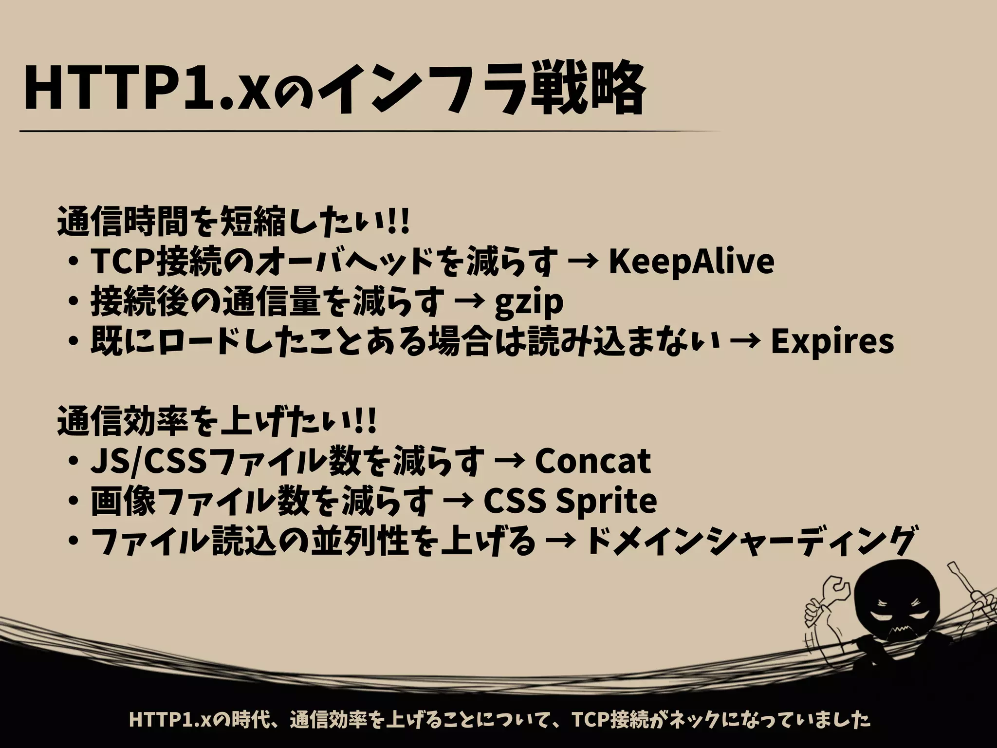 HTTP1.xの時代、通信効率を上げることについて、TCP接続がネックになっていました
HTTP1.xのインフラ戦略
通信時間を短縮したい!!
・TCP接続のオーバヘッドを減らす → KeepAlive
・接続後の通信量を減らす → gzip
・既にロードしたことある場合は読み込まない → Expires
通信効率を上げたい!!
・JS/CSSファイル数を減らす → Concat
・画像ファイル数を減らす → CSS Sprite
・ファイル読込の並列性を上げる → ドメインシャーディング
 