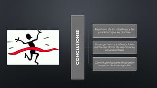 CONCLUSIONES
Resultado de los objetivos y del
problema que se planteo.
Son argumentos y afirmaciones
relativas a datos de mediciones
experimentales.
Constituyen la parte final de un
proyecto de investigación.
 
