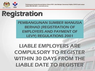 RegistrationRegistration
LIABLE EMPLOYERS ARE
COMPULSORY TO REGISTER
WITHIN 30 DAYS FROM THE
LIABLE DATE TO REGISTER
PEMBANGUNAN SUMBER MANUSIA
BERHAD (REGISTRATION OF
EMPLOYERS AND PAYMENT OF
LEVY) REGULATIONS 2001
 