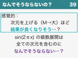 39なんでそうならないの？
sin(2πx) の級数展開は
全ての次元を含むのに
なんでそうならない…？
感覚的：
  次元を上げる（M→大）ほど
  結果が良くなりそう…？
 
