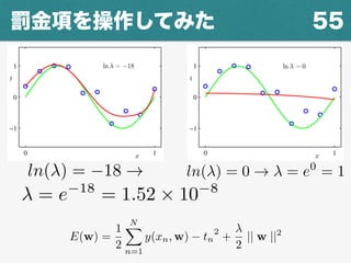 55罰金項を操作してみた
E(w) =
1
2
NX
n=1
y(xn, w) tn
2
+
2
|| w ||2
ln( ) = 0 ! = e0
= 1ln( ) = 18 !
= e 18
= 1.52 ⇥ 10 8
 