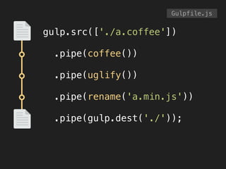 gulp.src(['./a.coffee'])
.pipe(coffee())
.pipe(uglify())
.pipe(rename('a.min.js'))
.pipe(gulp.dest('./'));
Gulpfile.js
 