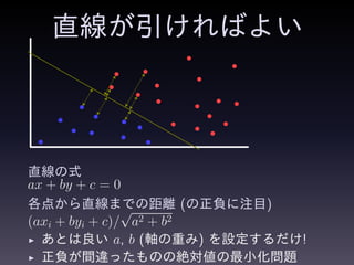 直線が引ければよい
直線の式
ax + by + c = 0
各点から直線までの距離 (の正負に注目)
(axi + byi + c)/
√
a2 + b2
◮ あとは良い a, b (軸の重み) を設定するだけ!
◮ 正負が間違ったものの絶対値の最小化問題
 