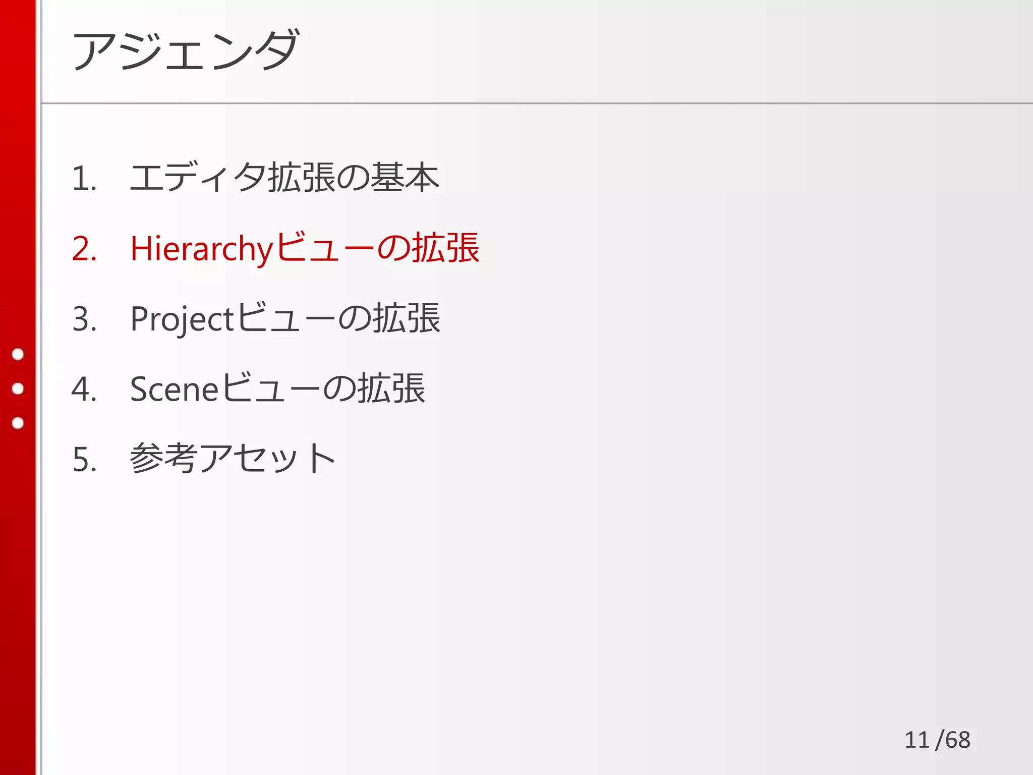 /68
アジェンダ
1. エディタ拡張の基本
2. Hierarchyビューの拡張
3. Projectビューの拡張
4. Sceneビューの拡張
5. 参考アセット
11
 