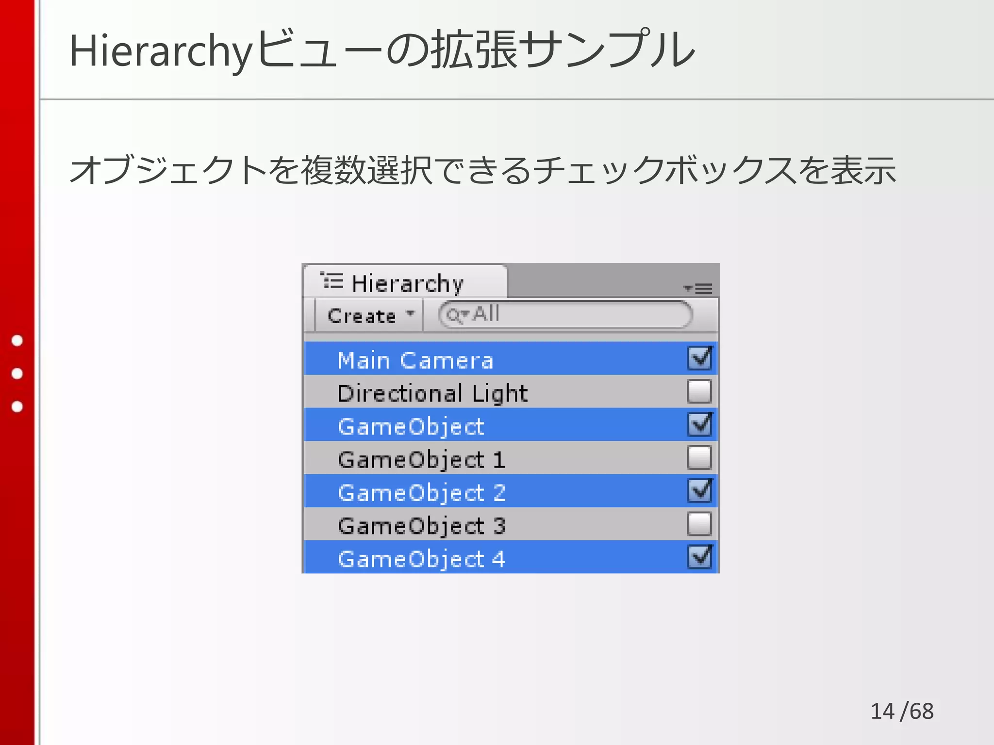 /68
Hierarchyビューの拡張サンプル
オブジェクトを複数選択できるチェックボックスを表示
14
 